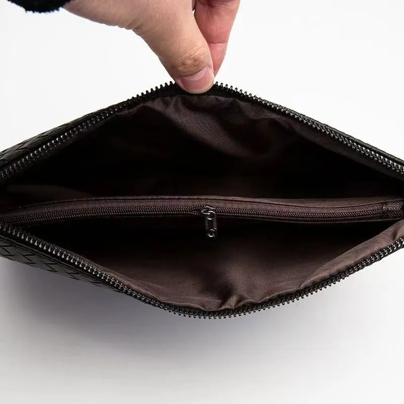 Pochette homme en cuir tressé – Sac à main élégant – Format A4 – Noir