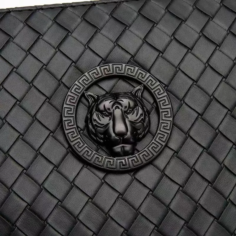 Pochette homme en cuir tressé – Sac à main élégant – Format A4 – Noir