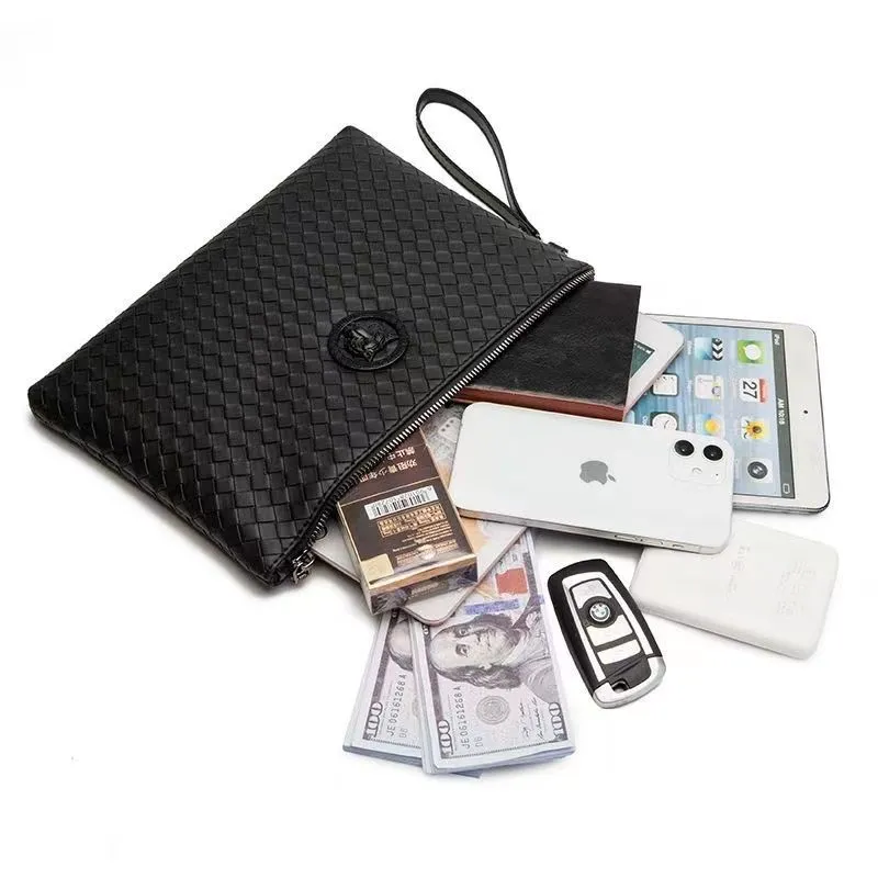 Pochette homme en cuir tressé – Sac à main élégant – Format A4 – Noir