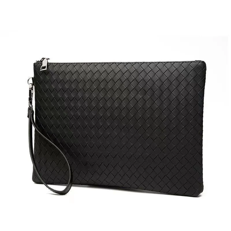 Pochette homme en cuir tressé – Sac à main élégant – Format A4 – Noir