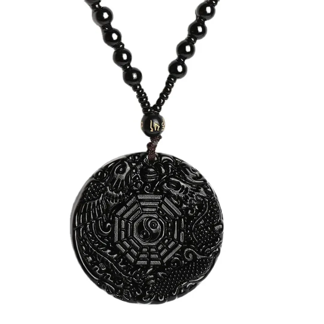 Collier pendentif Yin Yang & Bagua – Dragon & Phénix – Noir – Style unisexe