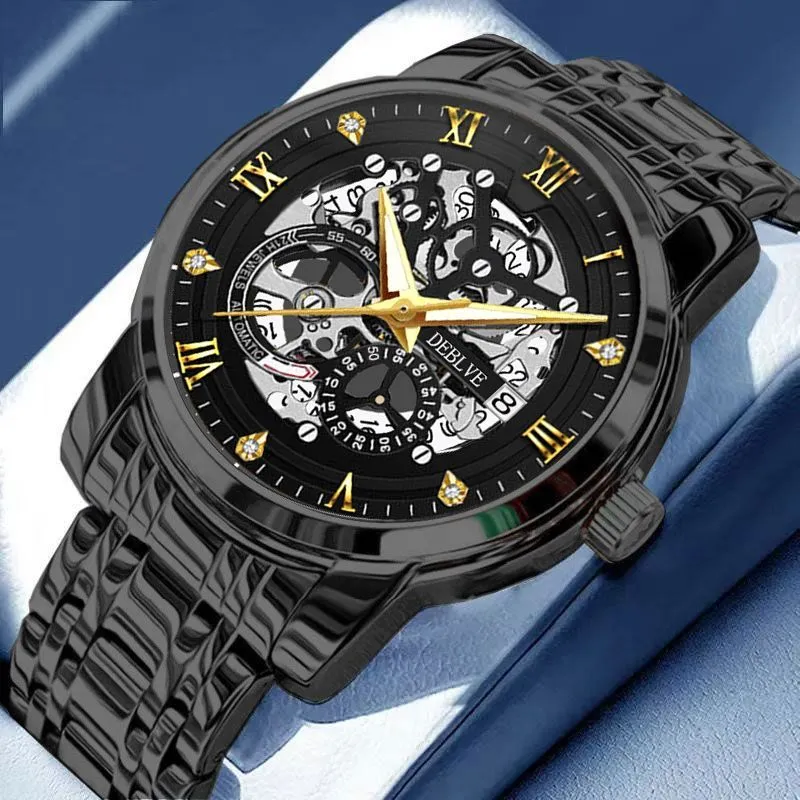 Montre mécanique automatique homme DEBLVE – Squelette dorée – Bracelet acier – Étanche 30 m