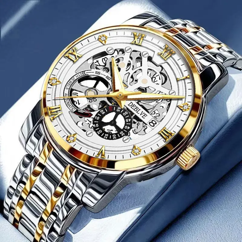 Montre mécanique automatique homme DEBLVE – Squelette dorée – Bracelet acier – Étanche 30 m