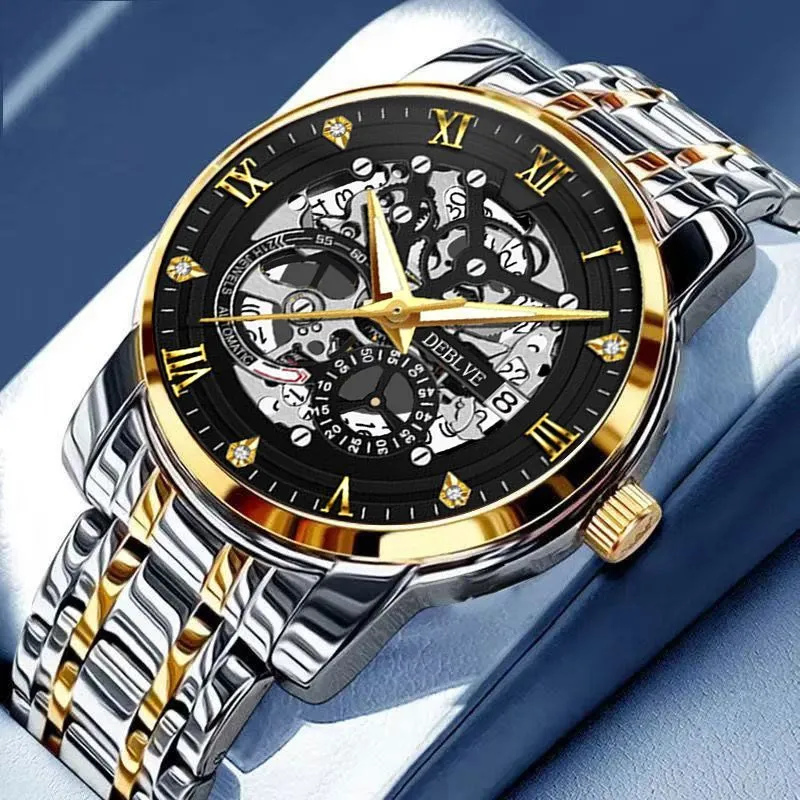 Montre mécanique automatique homme DEBLVE – Squelette dorée – Bracelet acier – Étanche 30 m