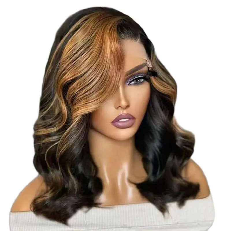Taille 18. Perruque femme mi-longue ondulée – Effet balayage brun & miel