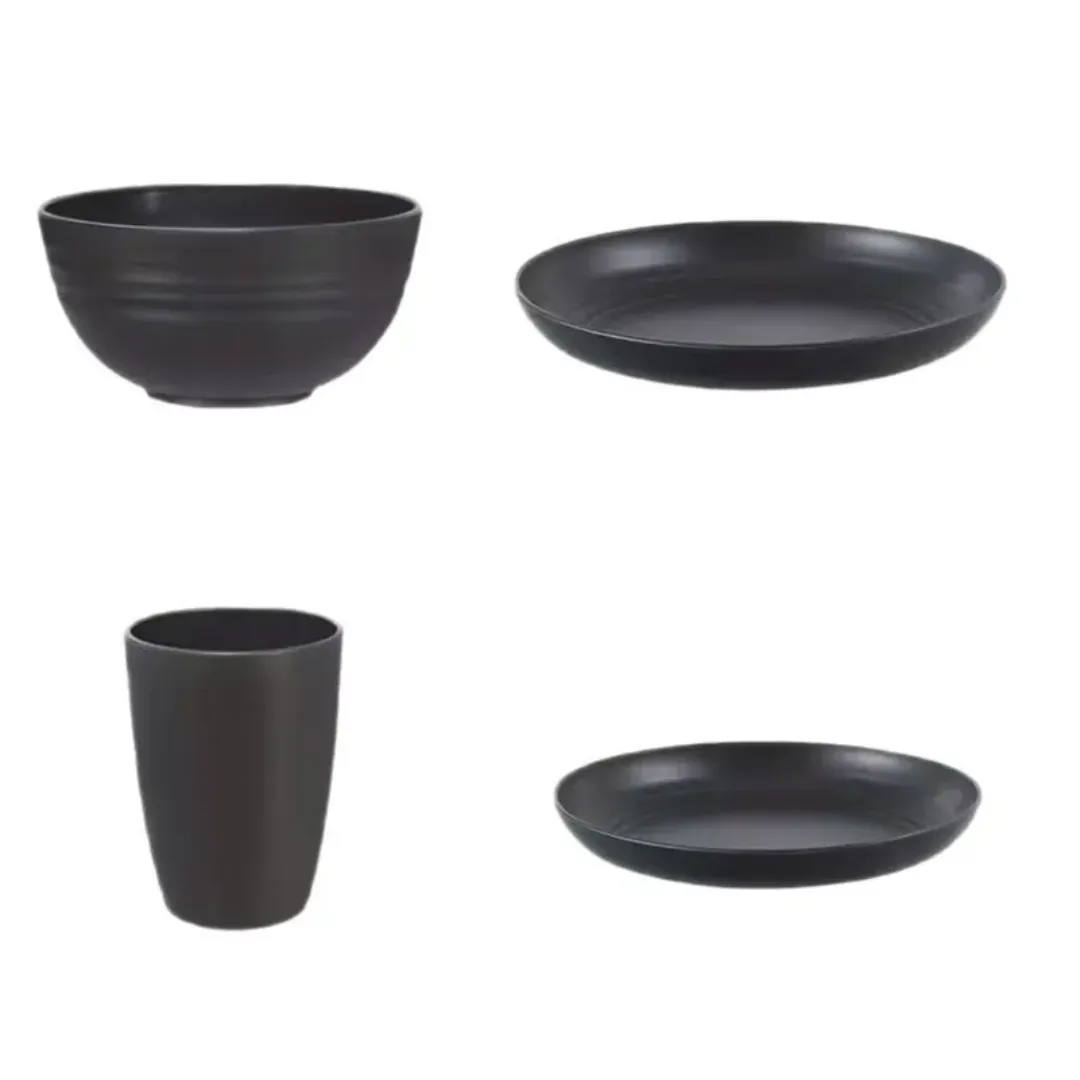 Service de vaisselle 16 pièces en paille de blé – Assiettes, bols et tasses incassables