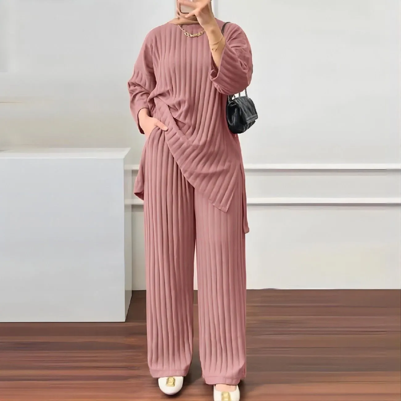Ensemble femme plissé deux pièces – Haut manches longues & pantalon large, style élégant