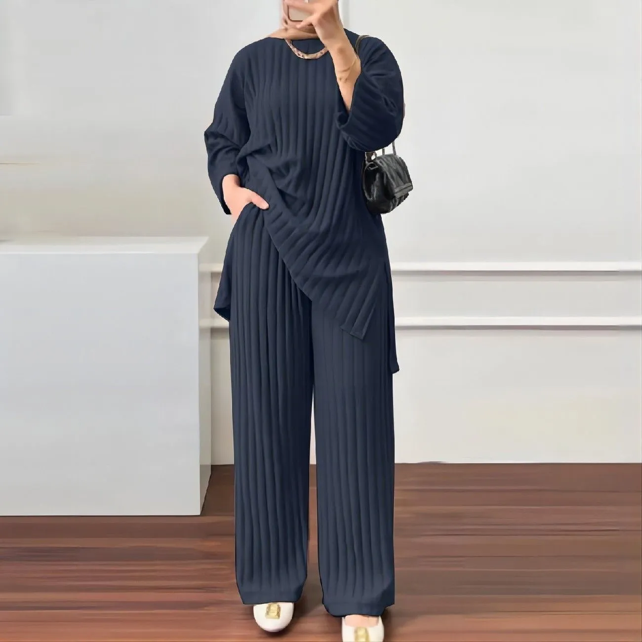 Ensemble femme plissé deux pièces – Haut manches longues & pantalon large, style élégant