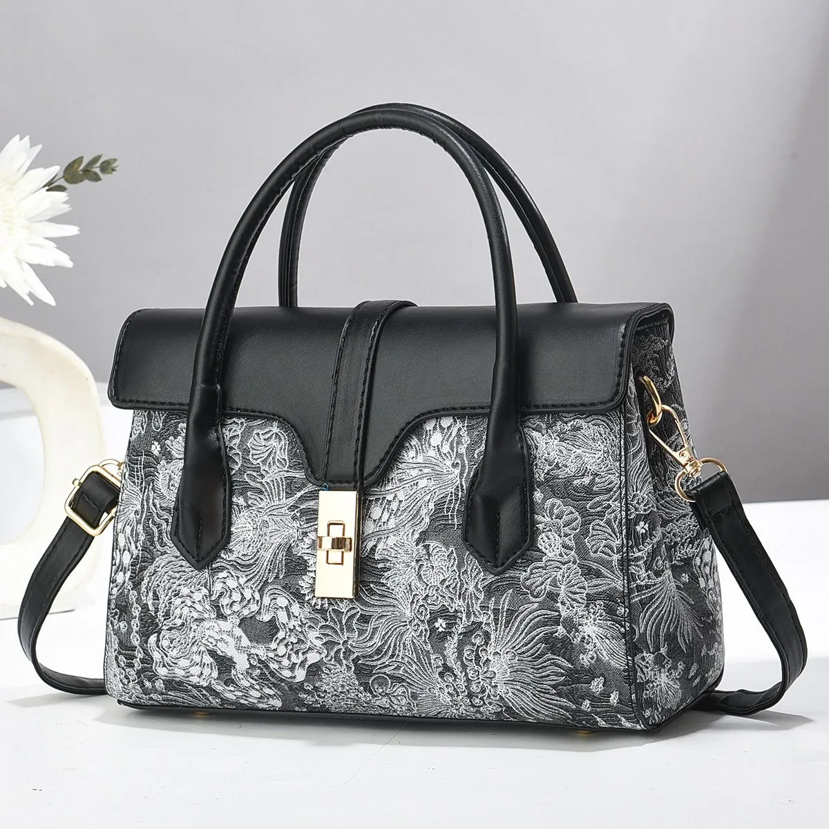 Sac à main femme élégant motif floral – Bandoulière et poignée rigide