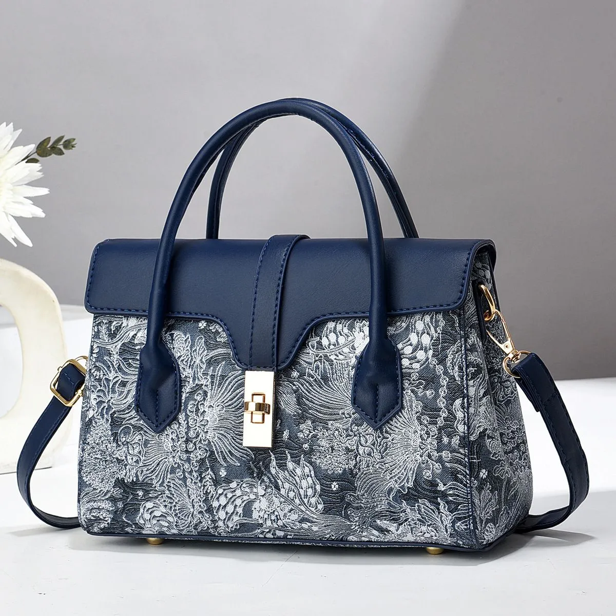 Sac à main femme élégant motif floral – Bandoulière et poignée rigide