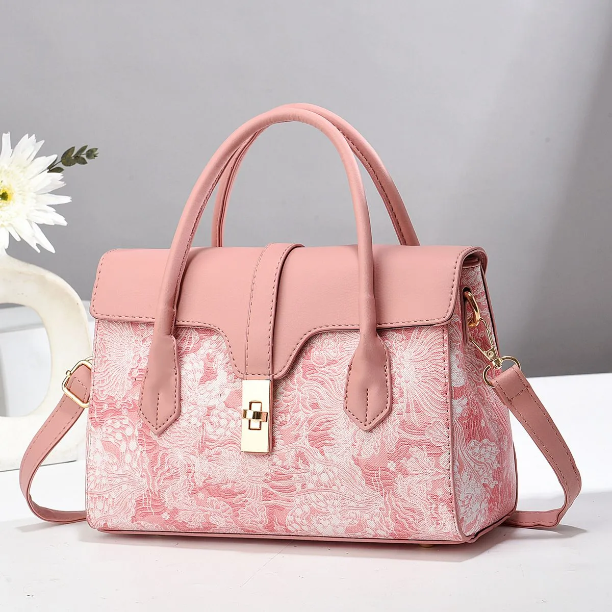 Sac à main femme élégant motif floral – Bandoulière et poignée rigide