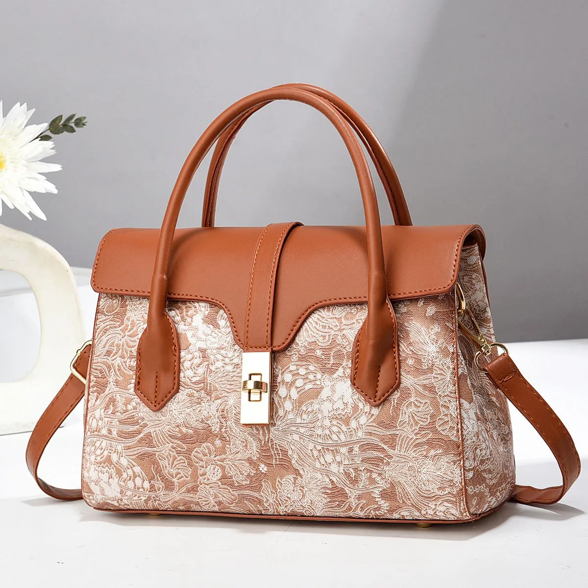 Sac à main femme élégant motif floral – Bandoulière et poignée rigide