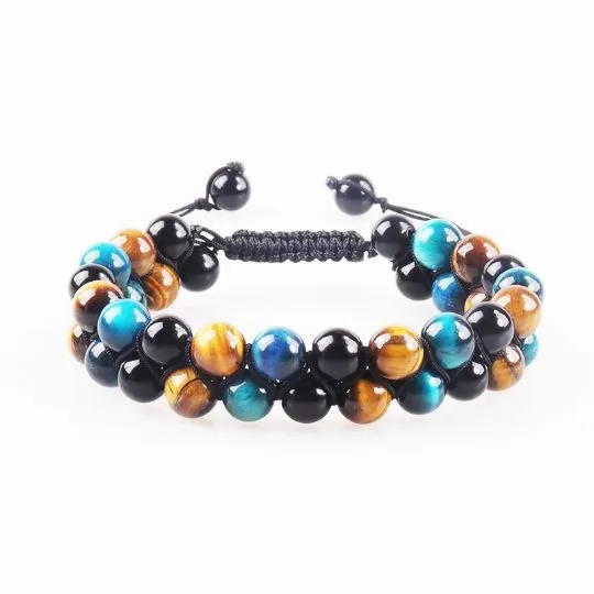 Bracelet œil de tigre et œil bleu – Bracelet perles naturelles ajustable