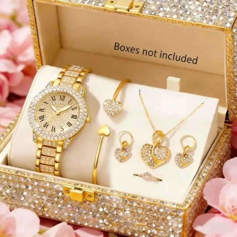 Montre femme dorée avec ensemble bijoux cœur assortis