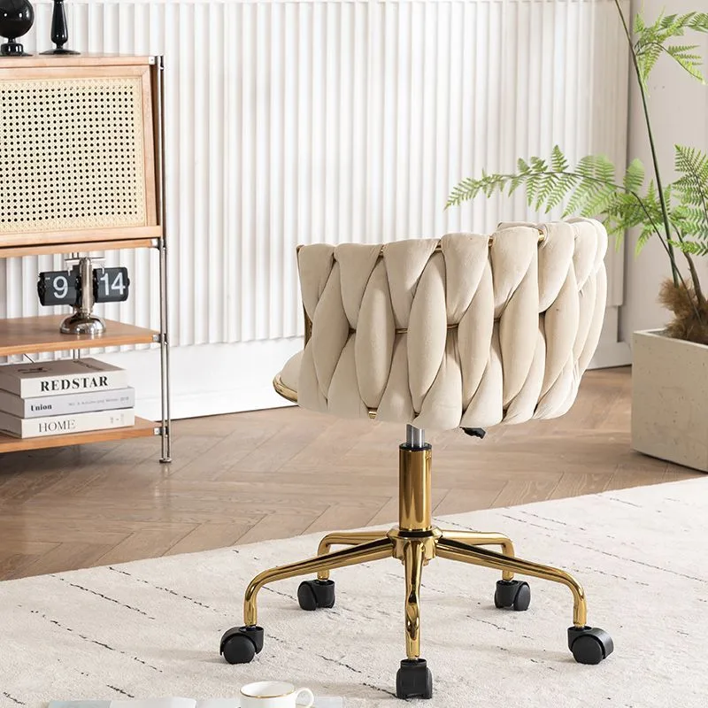 Chaise de Bureau Pivotante Velours avec Dossier Capitonné et Base Dorée