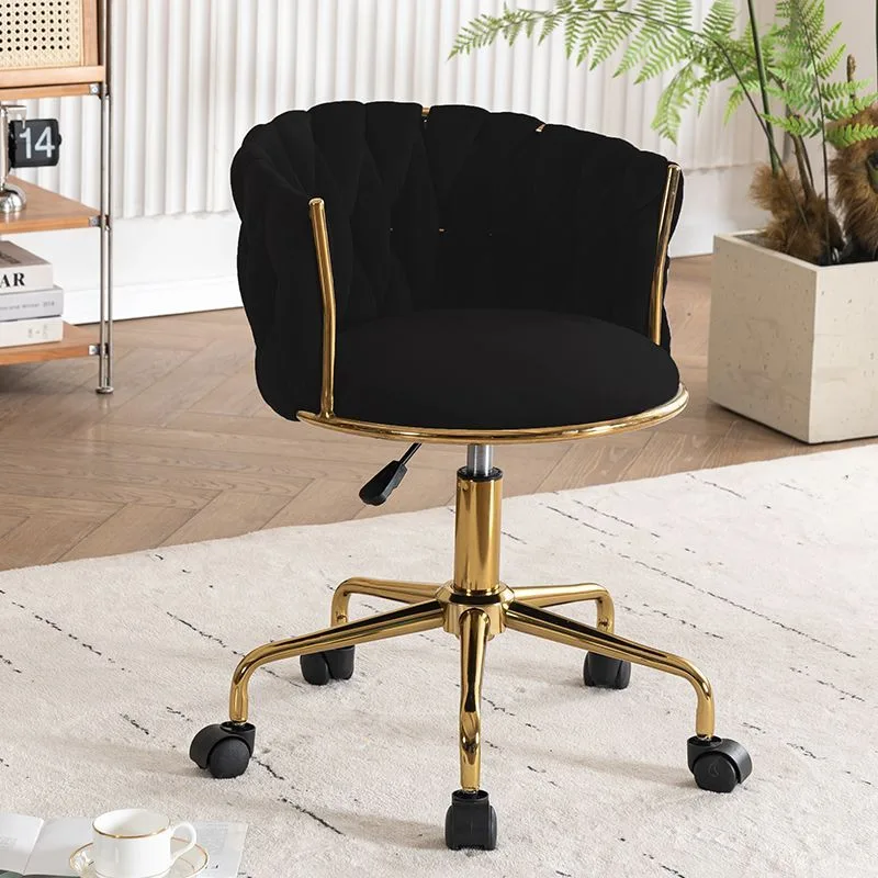 Chaise de Bureau Pivotante Velours avec Dossier Capitonné et Base Dorée