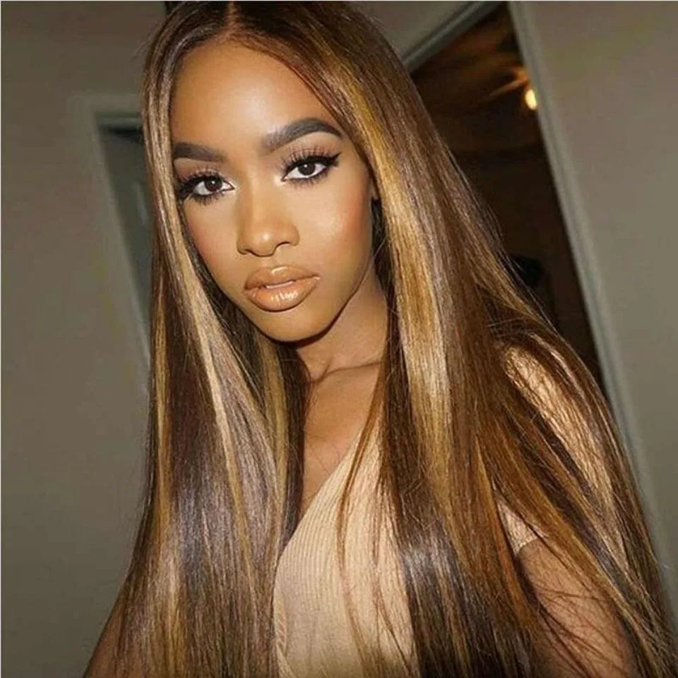 24 pouces Perruque Longue Lisse Blonde Miel avec Mèches - Cheveux Synthétiques Style Européen/Africain