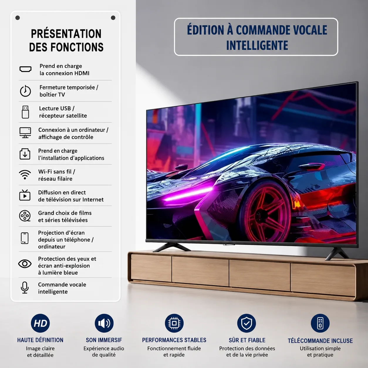 Téléviseur LED 8K Ultra HD 85 pouces - Écran intelligent avec protection des yeux anti-lumière bleue
